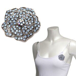Vintage Blue Crystal Flower Brooch Pendant Pin Metal Silver Iridescent Jewelry